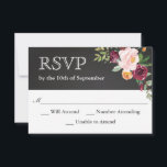 Rustique Chalkboard Floral Wedding RSVP<br><div class="desc">Une carte RSVP de mariage rustique et tendance,  conçue avec un bouquet de fleurs d'aquarelle dans de jolies teintes automnales de bordeaux,  d'orange et de rose avec des accents de verdure. La face arrière a une couronne florale assortie aux initiales de la mariée et du marié.</div>