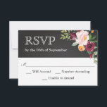Rustique Chalkboard Floral Wedding RSVP<br><div class="desc">Une carte RSVP de mariage rustique et tendance,  conçue avec un bouquet de fleurs d'aquarelle dans de jolies teintes automnales de bordeaux,  d'orange et de rose avec des accents de verdure. La face arrière a une couronne florale assortie aux initiales de la mariée et du marié.</div>