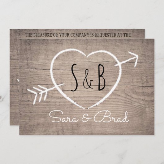 Rustique Coeur en bois Élégant Mariage Invitation (Devant / Derrière)