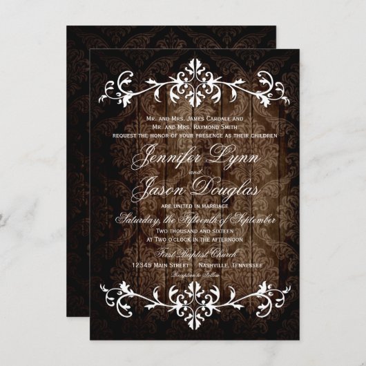 Rustique Damask Wood Flourish Wedding Invitations (Devant / Derrière)