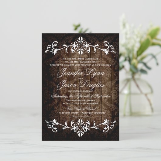 Rustique Damask Wood Flourish Wedding Invitations (Debout devant)