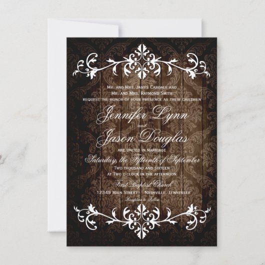 Rustique Damask Wood Flourish Wedding Invitations (Devant)