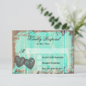 Rustique Deux Coeurs Bois Aqua Mariage Cartes RSVP (Debout devant)