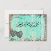 Rustique Deux Coeurs Bois Aqua Mariage Cartes RSVP (Dos)