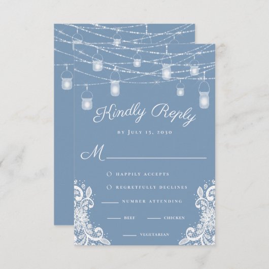 Rustique Dusty Blue Lumières Mariage carte RSVP (Devant / Derrière)