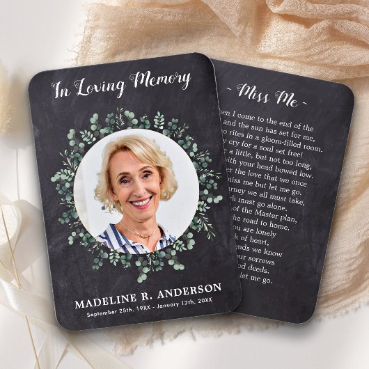 Rustique Eucalyptus Photo Carte de prière mémorial