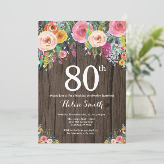 Rustique Floral 80e anniversaire Invitation (Debout devant)