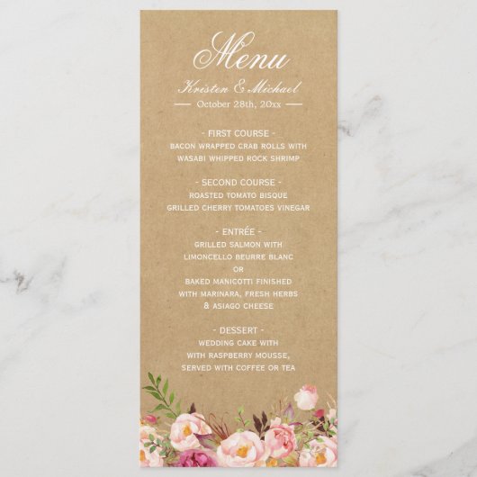 Rustique Floral Kraft | Élégant menu Mariage chic (Devant)