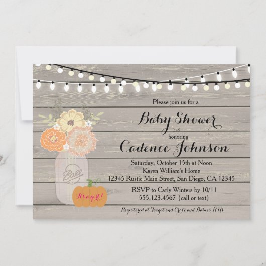 Rustique Floral Orange rose fille Invitation Baby  (Devant)