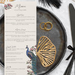 Rustique Floral Peacock Bird Menu Mariage<br><div class="desc">Cette élégante carte mariage en ivoire présente des illustrations de style "Chinoiserie" dessinées à la main d'un paon bleu et turquoise entouré de verdure Magnolia, avec des fleurs de magnolia rose vif et crème vibrante, le tout contre un élégant arrière - plan en ivoire. Le dos est orné d'un élégant...</div>