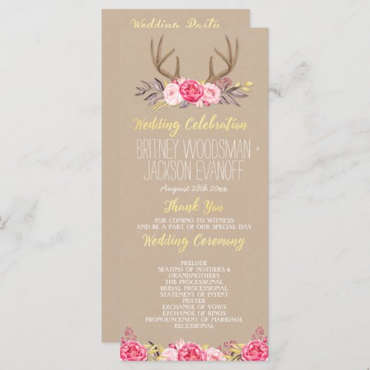 Rustique Floral Peony & Deer Antler Programmes de (Devant / Derrière)