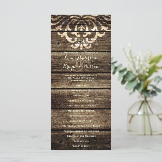 Rustique Grange Bois Damas Programme de mariage vi (Debout devant)