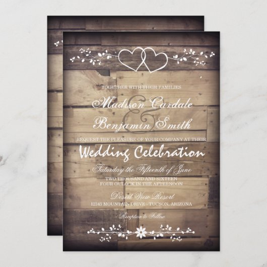 Rustique Grange Bois Double Coeur Invitations de m (Devant / Derrière)
