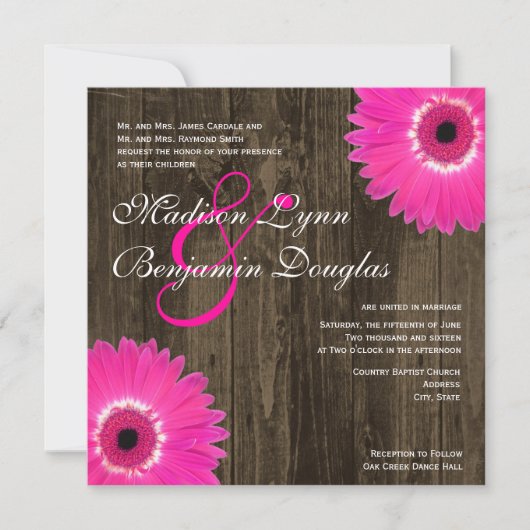 Rustique Hot Rose Carré mariage invitation (Devant)