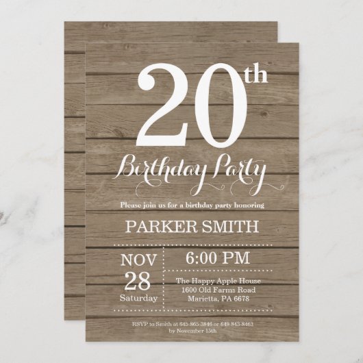 Rustique Invitation du 20e anniversaire (Devant / Derrière)