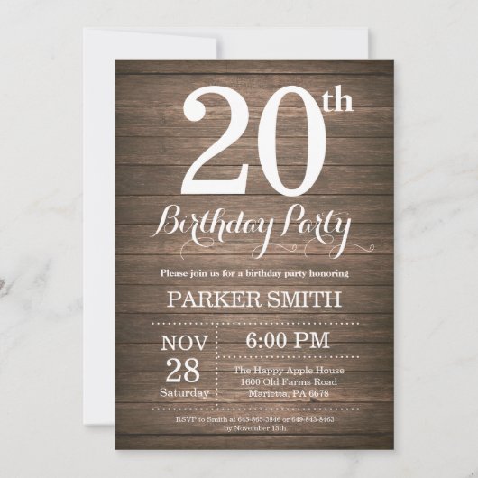 Rustique Invitation du 20e anniversaire (Devant)
