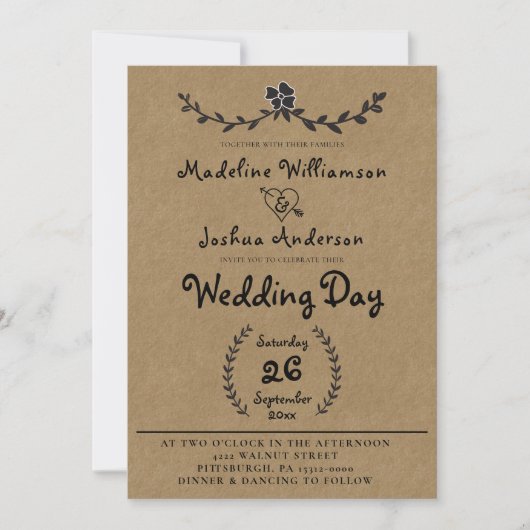 Rustique Kraft avec Faire-part de mariage Laurel V (Devant)
