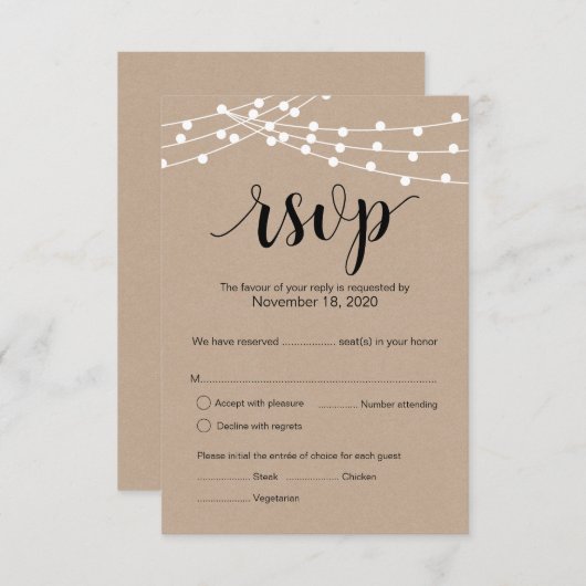 Rustique Kraft String Lights mariage rsvp carte de (Devant / Derrière)