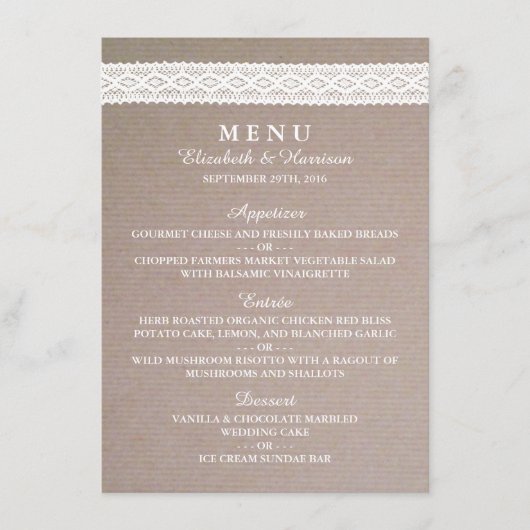 Rustique Kraft & Vintage White Lace Menu Mariage (Devant)