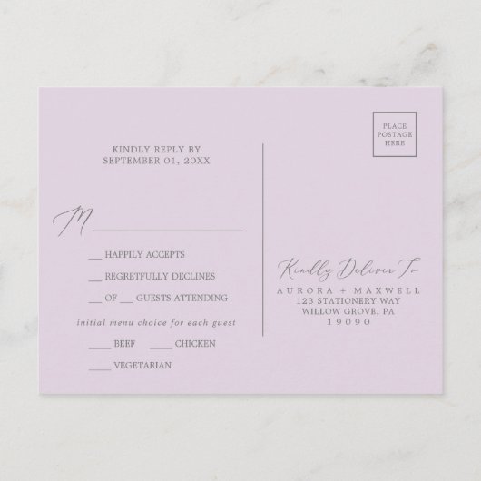 Rustique Lilac Menu Carte Postale RSVP (Dos)