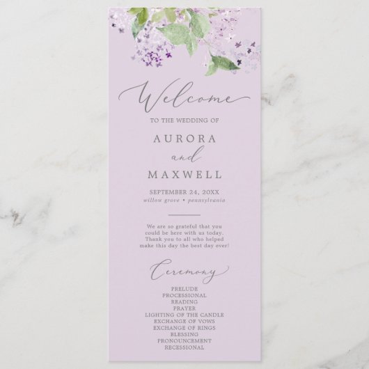 Rustique Lilac | Programme de mariage de lavande (Devant)