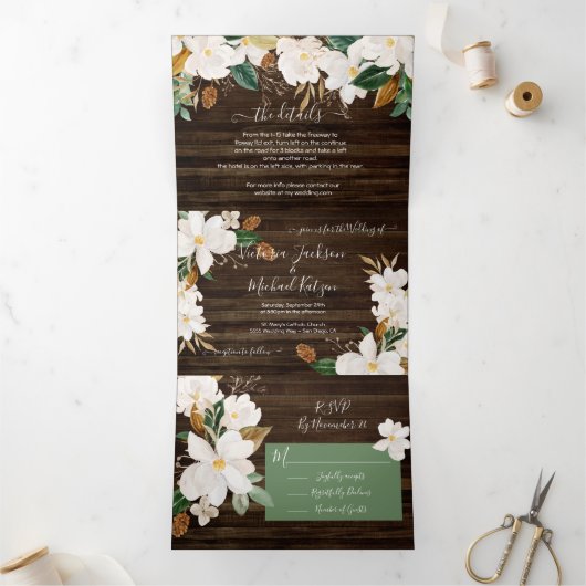 Rustique Magnolia Floral Mariage triple Invitation (Intérieur)