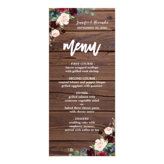 Rustique Marsala Bourgogne Floral Menu Mariage (Devant)
