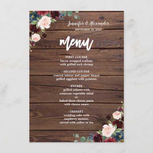 Rustique Marsala Bourgogne Floral Menu Mariage (Devant)