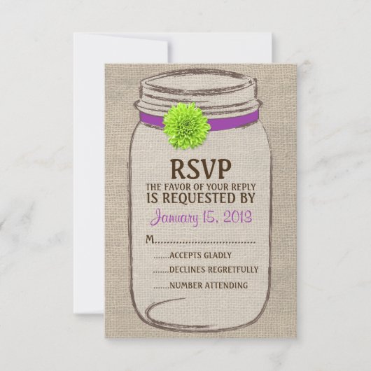 Rustique Mason Jar & Burlap Purple Green RSVP Card (Devant)