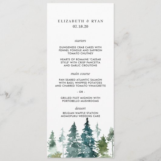 Rustique minimaliste Aquarelle Pines Menu Mariage (Devant)