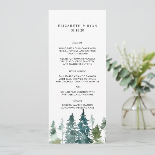 Rustique minimaliste Aquarelle Pines Menu Mariage (Debout devant)