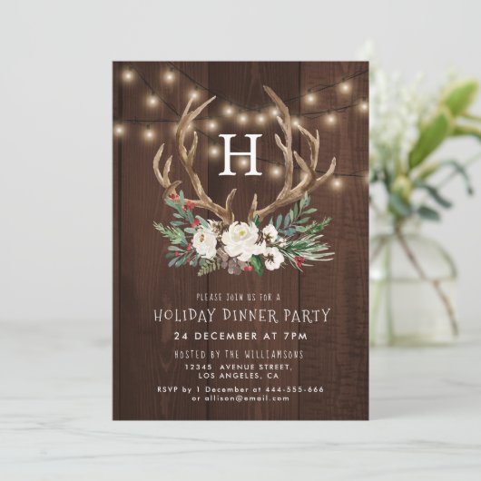 Rustique Monogram fête de Noël invitation (Debout devant)