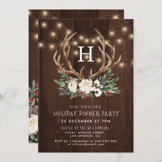 Rustique Monogram fête de Noël invitation (Devant / Derrière)