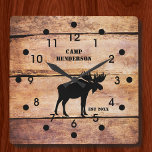Rustique Moose Camp Plank Style Acrylique Horloge<br><div class="desc">Personnalisez ce design d'horloge murale rustique en bois avec votre propre texte. L'horloge murale en acrylique est imprimée dans un motif de style cèdre, avec un orignal en silhouette noire. Serait particulièrement bien adapté à n'importe quel cabine de montagne, de camping de chasse ou de décoration de grotte-homme. Disponible dans...</div>
