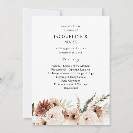 Rustique Neutre Boho Floral Mariage programme de c (Devant)