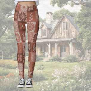 Rustique Orange Brown Burlap Linge Motif Leggings