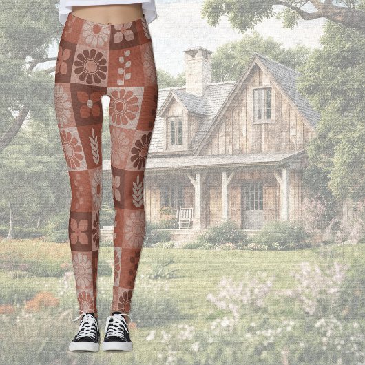 Rustique Orange Brown Burlap Linge Motif Leggings