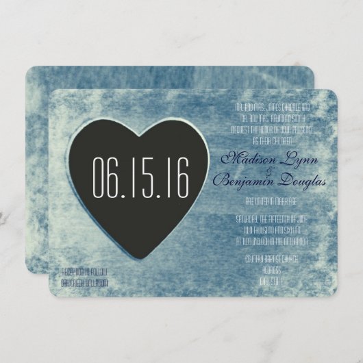 Rustique Pays Bois Coeur Mariage Invitations Bleu (Devant / Derrière)