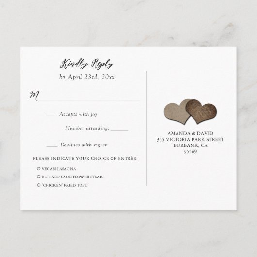 Rustique Pays Bois Coeurs Mariage RSVP carte posta (Dos)