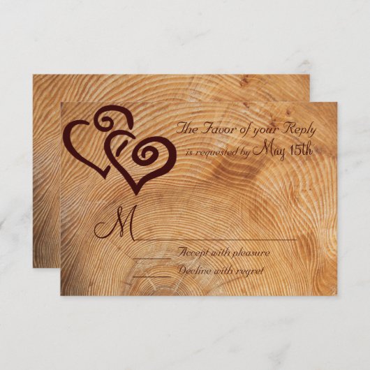 Rustique Pays Bois Double Coeurs Mariage RSVP (Devant / Derrière)