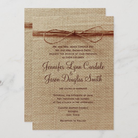 Rustique Pays Burlap Twine Bow Faire-part de maria (Devant / Derrière)