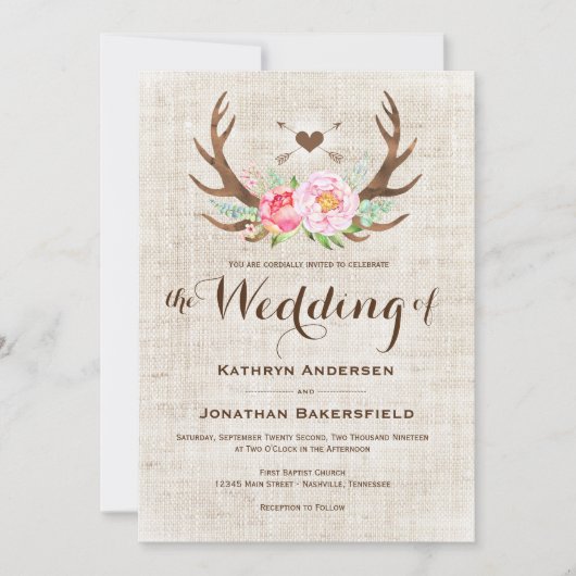 Rustique Pays Floral Antlers Mariage Invitations (Devant)