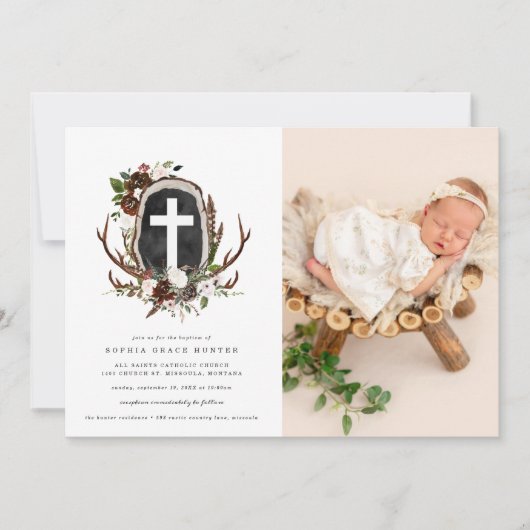 Rustique Pays Floral Baptême Invitation (Devant)