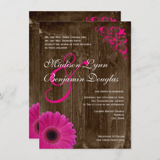 Rustique Pays Rose Daisy Bois Mariage Invitations (Devant / Derrière)