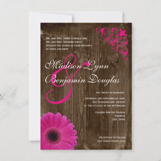 Rustique Pays Rose Daisy Bois Mariage Invitations (Devant)