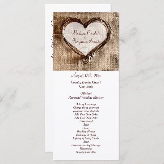 Rustique Pays Twine Coeur Programmes de mariage (Devant / Derrière)