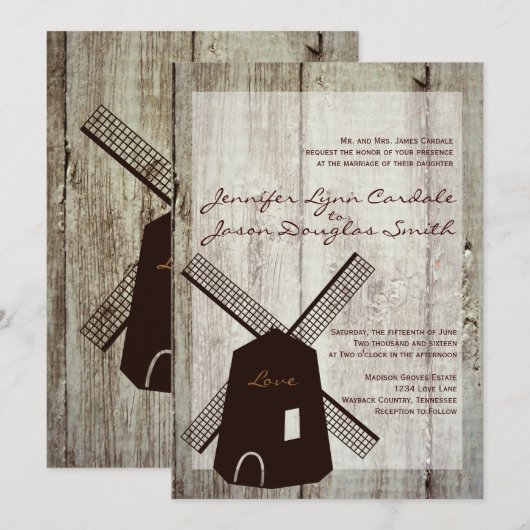 Rustique Pays Windmill Wood Wedding Invitations (Devant / Derrière)