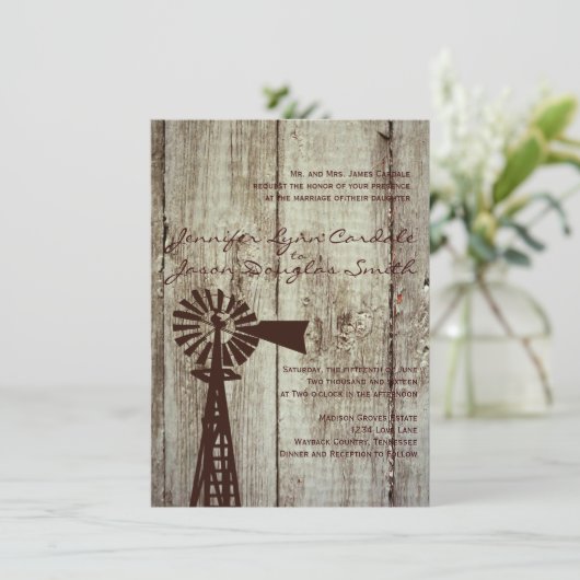 Rustique Pays Windmill Wood Wedding Invitations (Debout devant)