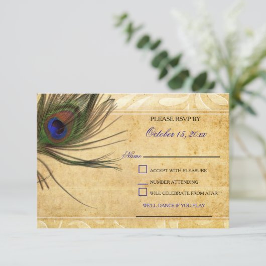 Rustique Peacock Feather mariage rsvp 3,5 x5 (Debout devant)