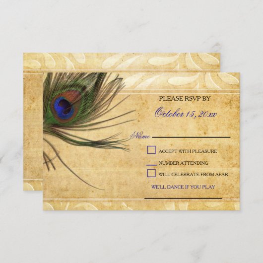 Rustique Peacock Feather mariage rsvp 3,5 x5 (Devant / Derrière)